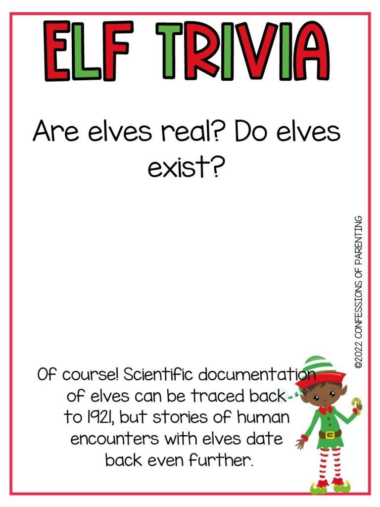 White background with red border, red and green letters spelling Elf Trivia. Black lettering spelling elf trivia questions. Elf with red and green hat and coat