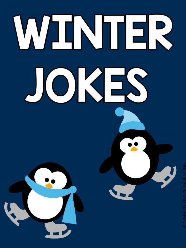 pin image: blue background with white letters saying winter jokes. One penguin with blue scarf and ice skates and one penguin with blue hat and ice skates