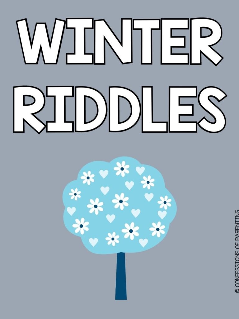 Pin image: grey background with blue tree with white flowers and hearts. White letters saying winter riddles.