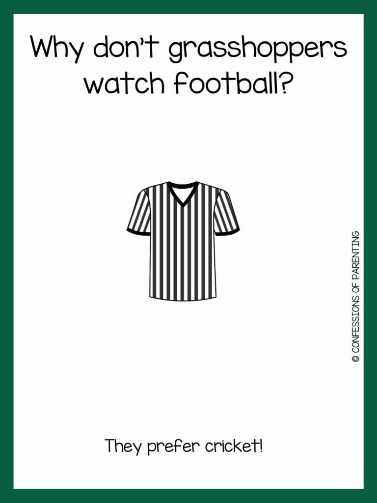 white background with green border, black and white striped jersey; football jokes for kids