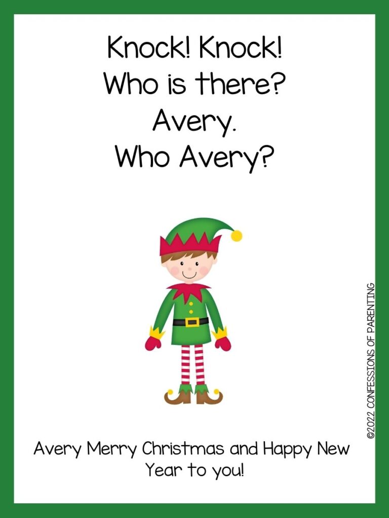 White background with green border. Black writing of Christmas knock knock jokes; elf with brown hair, red and green hat, coat and red and white pants