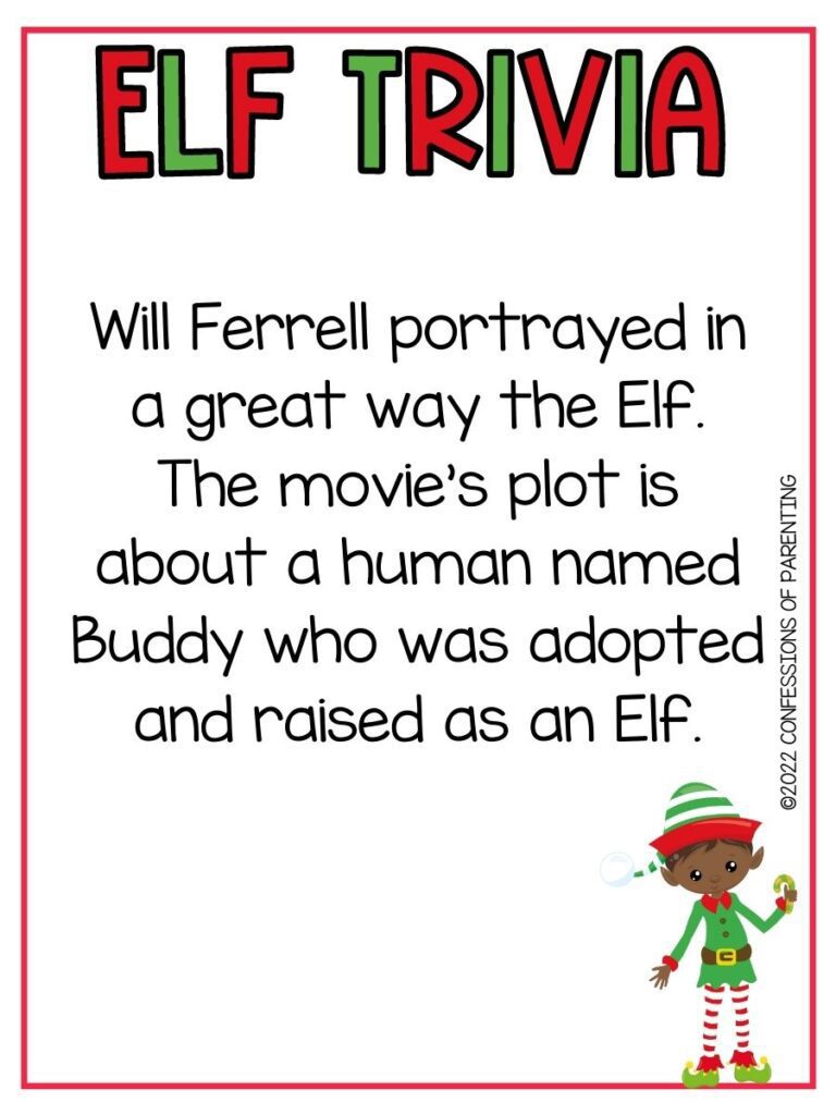 White background with red border, red and green letters spelling Elf Trivia. Black lettering spelling elf trivia questions. Elf with red and green hat and coat