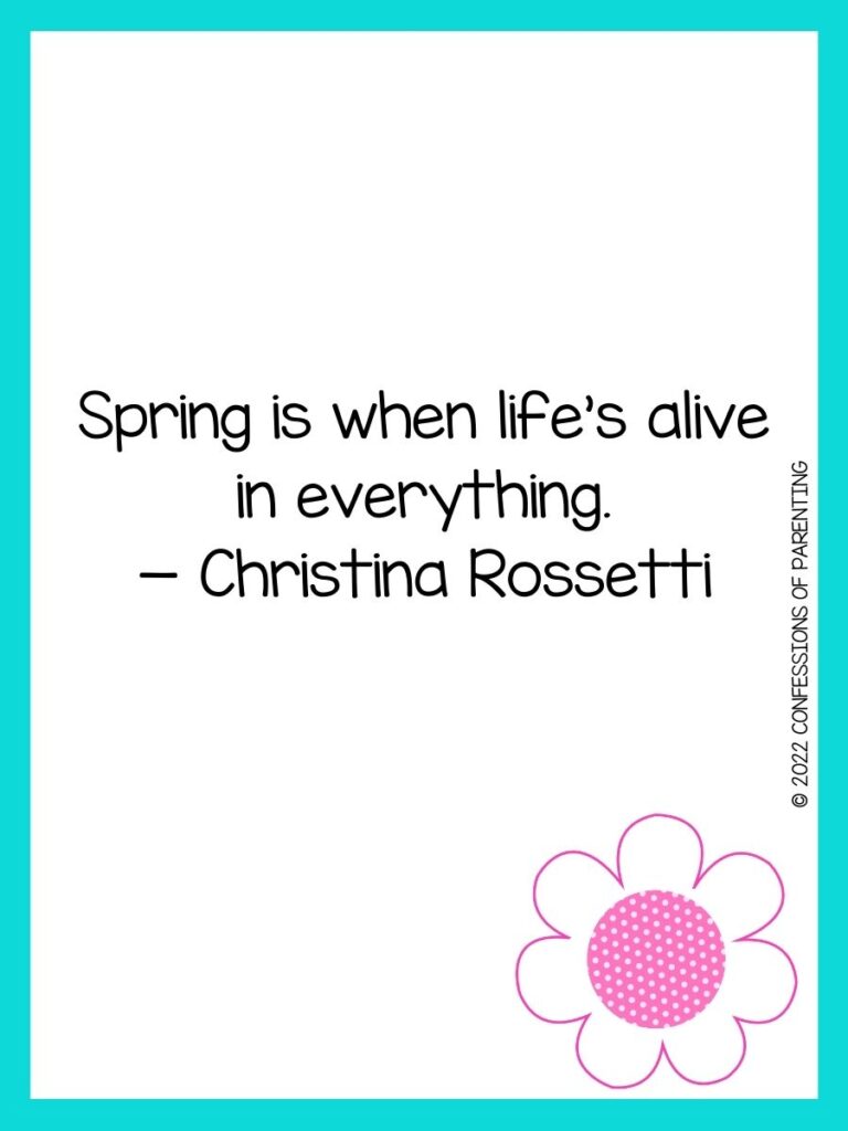 White background with turquoise border, black lettering spelling out spring sayings. Pink flower at bottom