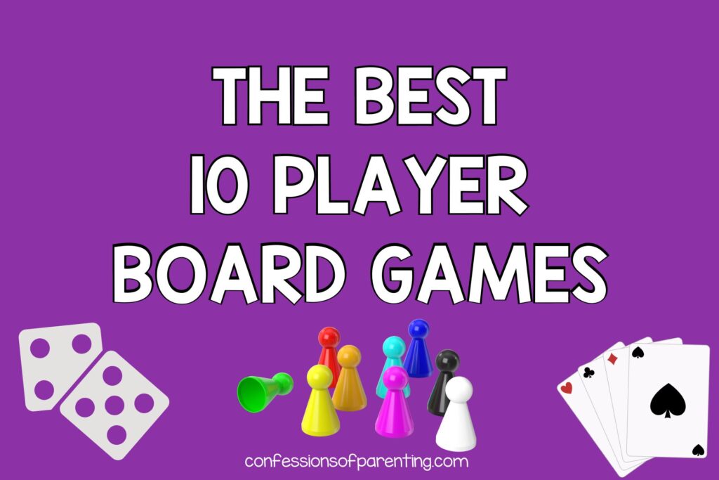 WHITE DICE, 4 PLAYING CARDS, GAME PEGS ON PURPLE BACKGROUND WITH WHITE TEXT THAT SAYS "THE BEST 10 PLAYER BOARD GAMES"