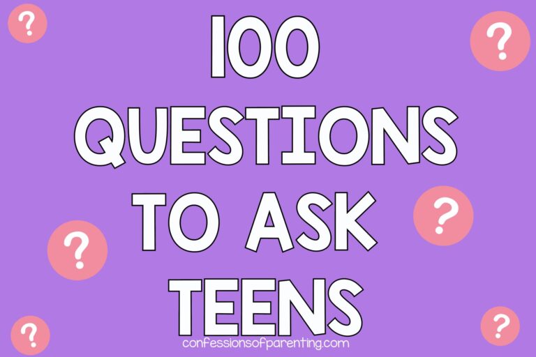 Questions to ask teens with purple background and pink questions marks.