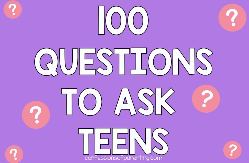 Questions to ask teens with purple background and pink questions marks.