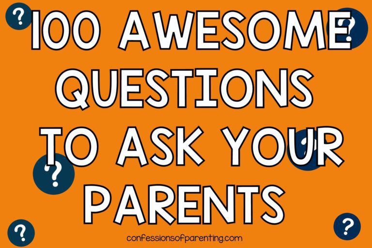 Questions to ask your parents with orange background and navy blue question marks.