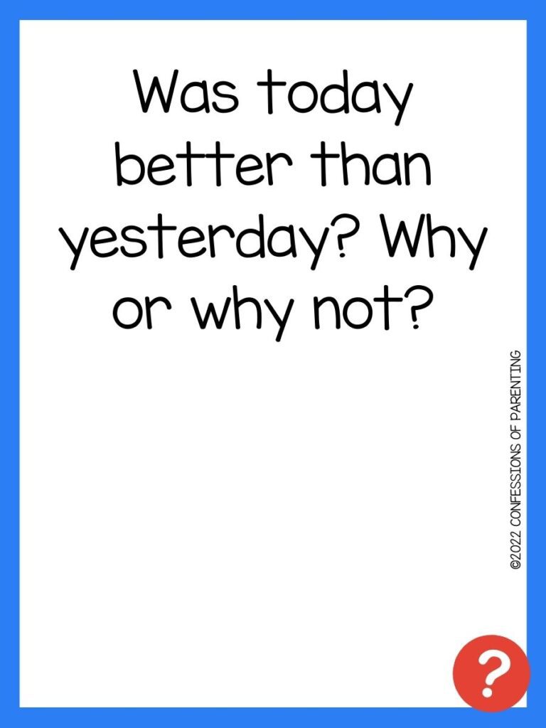 Questions to ask your kids on white background, blue border, and red question marks.