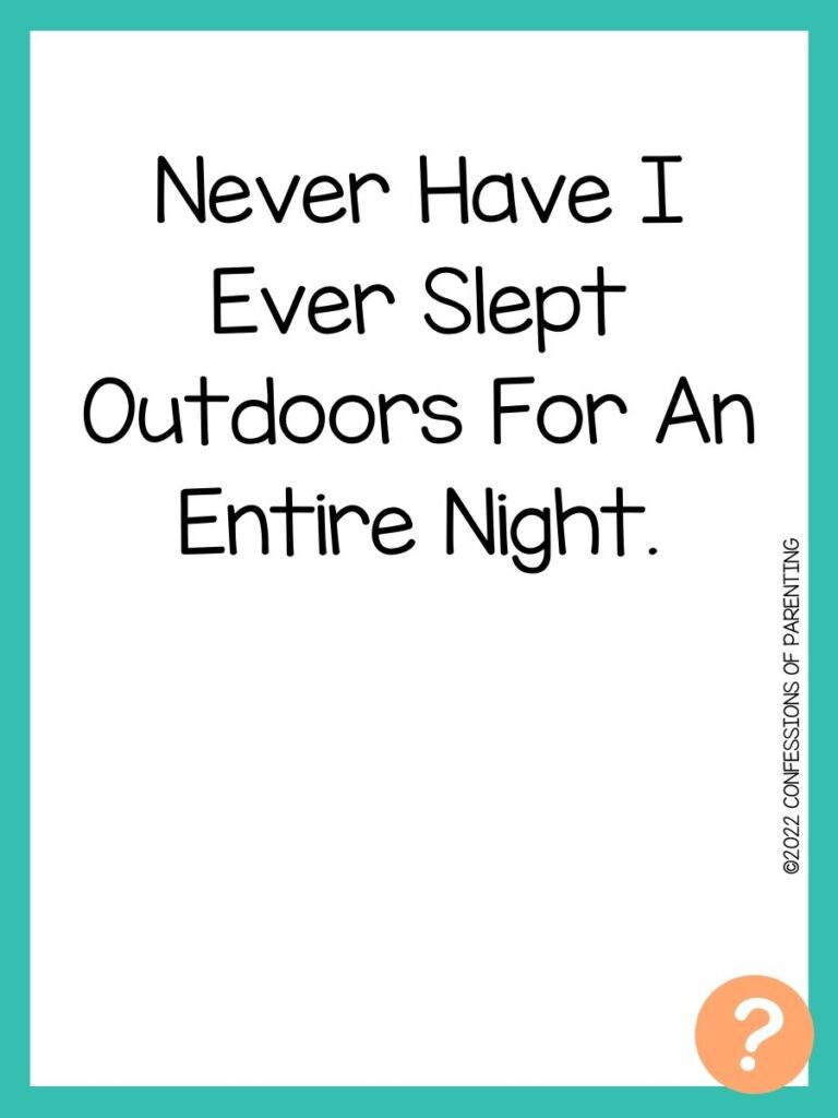 1000 Never have I ever questions on white background, turquoise border, and light orange question marks.