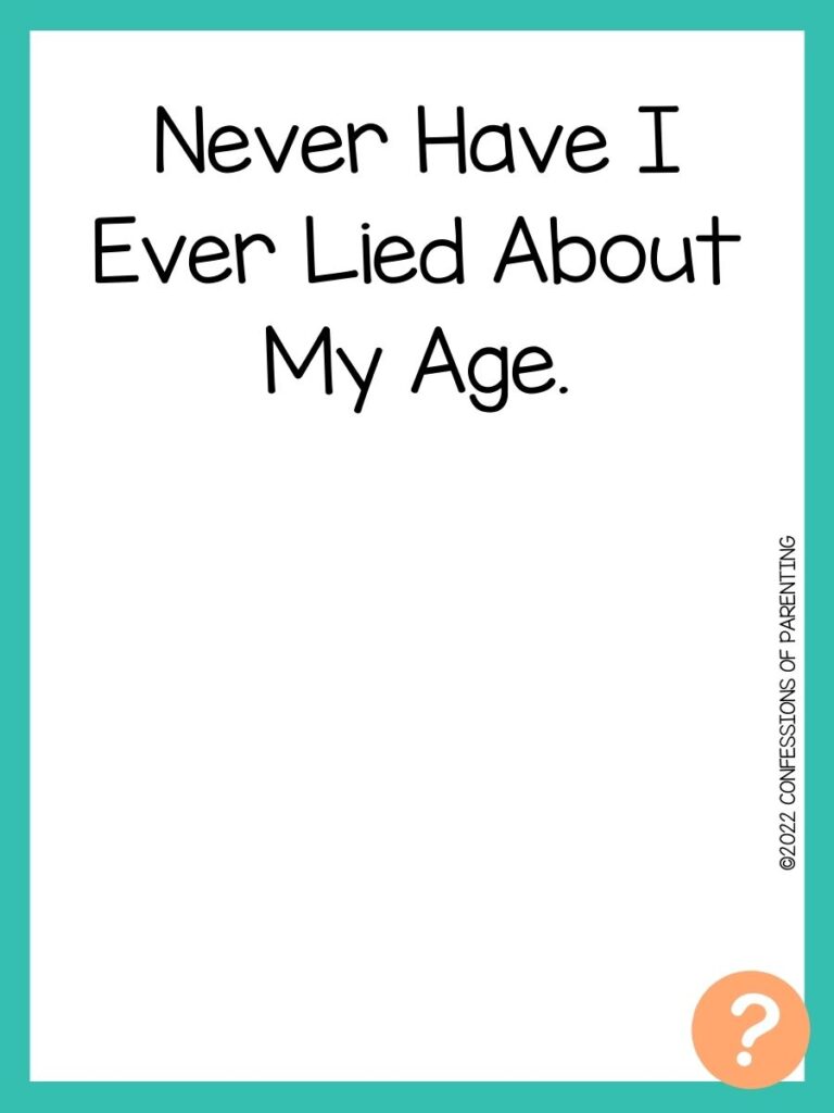 1000 Never have I ever questions on white background, turquoise border, and light orange question marks.