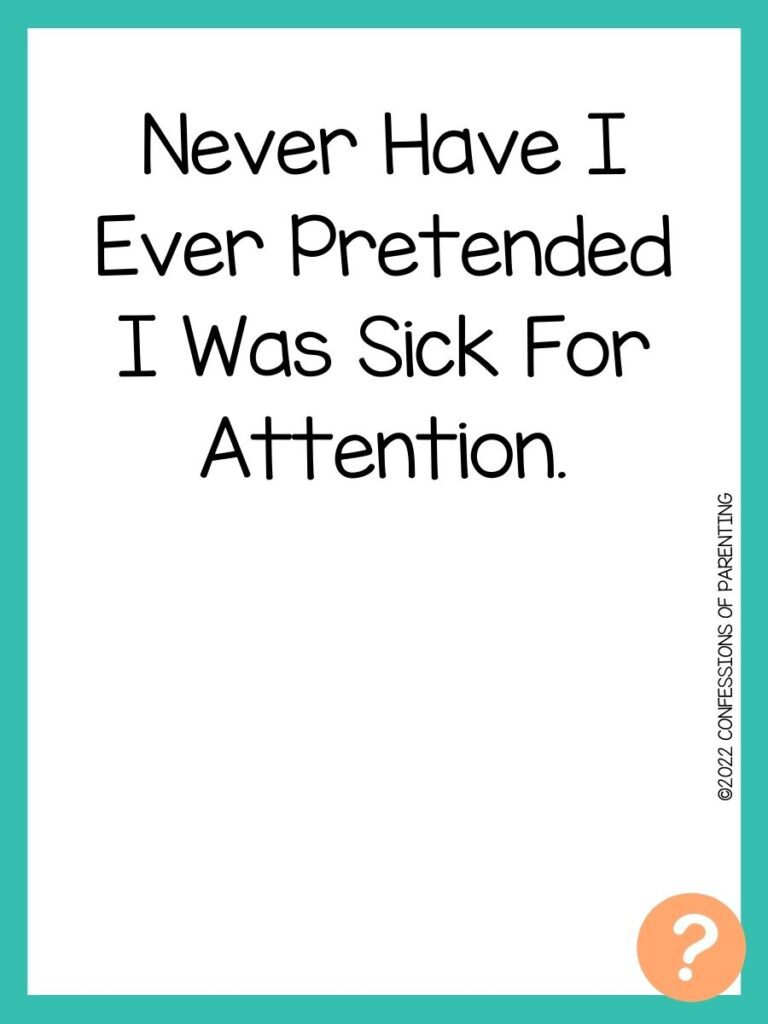 1000 Never have I ever questions on white background, turquoise border, and light orange question marks.