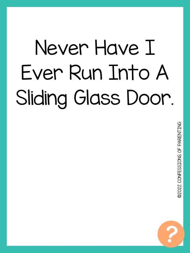 1000 Never have I ever questions on white background, turquoise border, and light orange question marks.