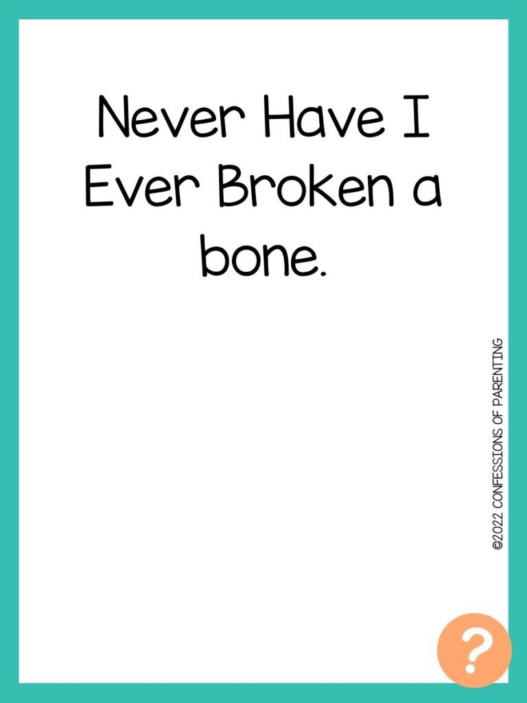 1000 Never have I ever questions on white background, turquoise border, and light orange question marks.