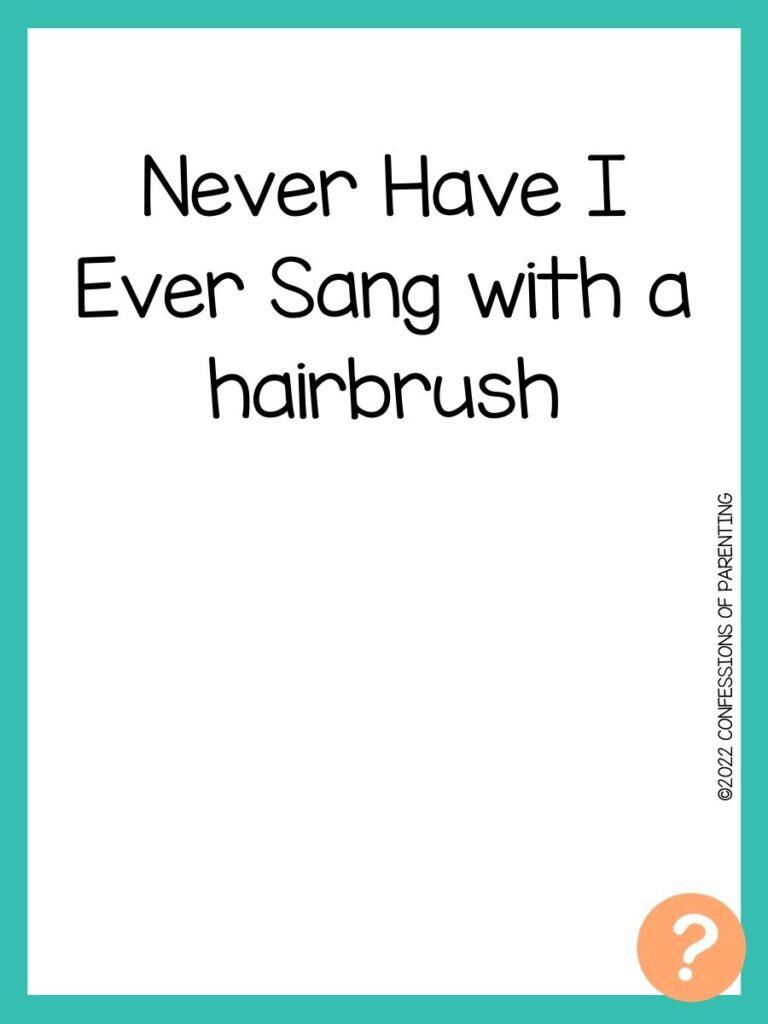 1000 Never have I ever questions on white background, turquoise border, and light orange question marks.