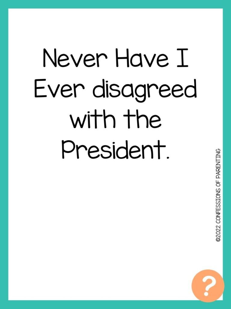 1000 Never have I ever questions on white background, turquoise border, and light orange question marks.