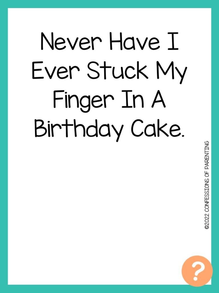 1000 Never have I ever questions on white background, turquoise border, and light orange question marks.