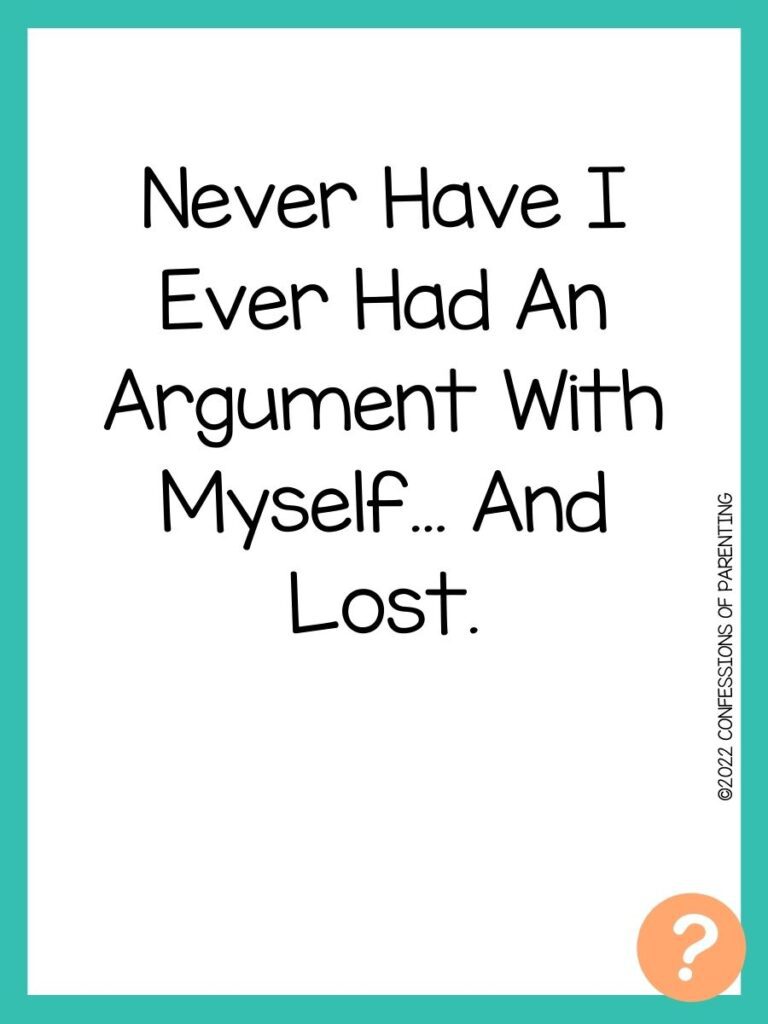 1000 Never have I ever questions on white background, turquoise border, and light orange question marks.