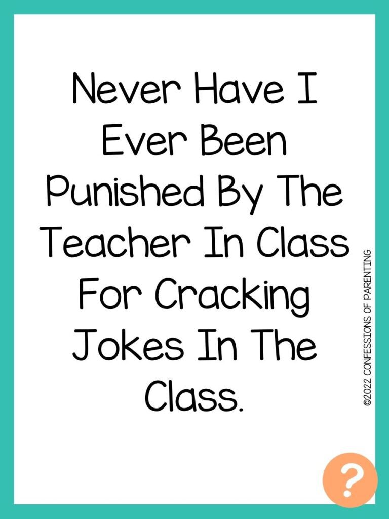 1000 Never have I ever questions on white background, turquoise border, and light orange question marks.