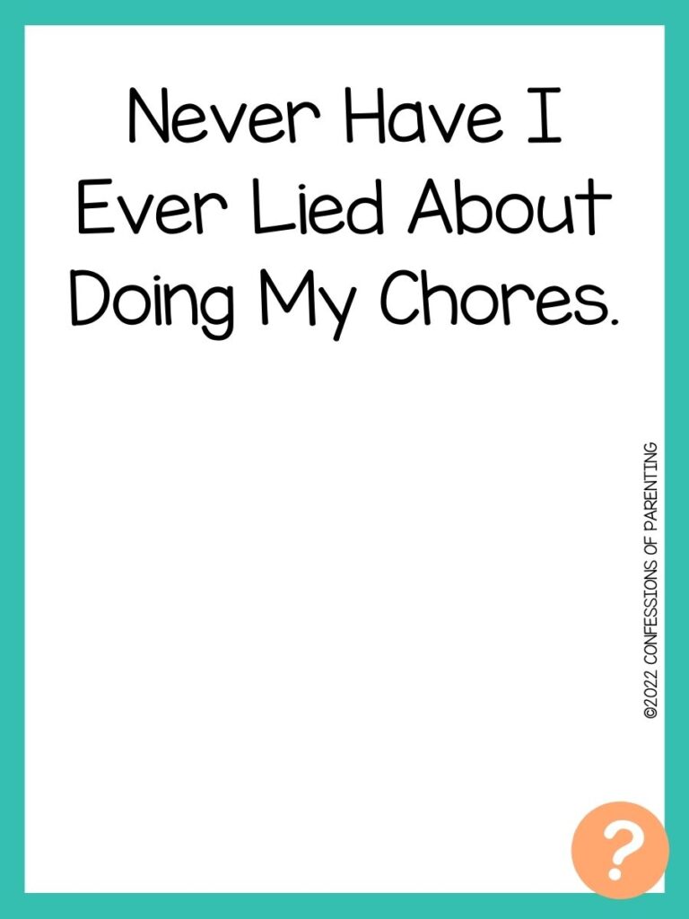 1000 Never have I ever questions on white background, turquoise border, and light orange question marks.