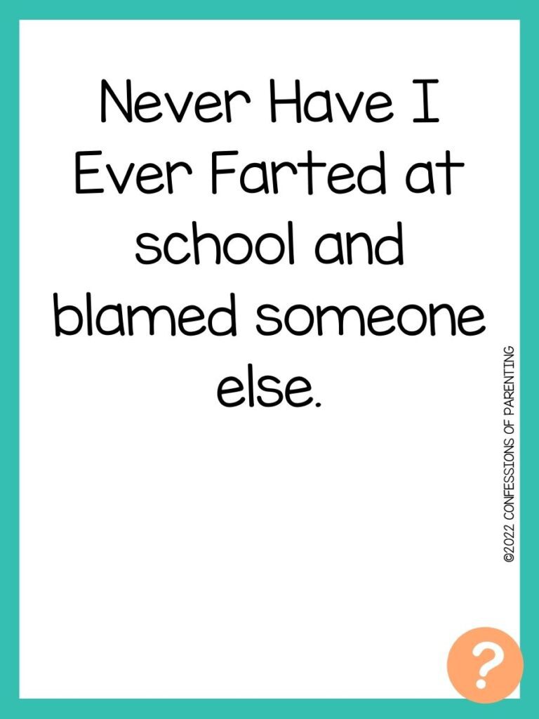 1000 Never have I ever questions on white background, turquoise border, and light orange question marks.