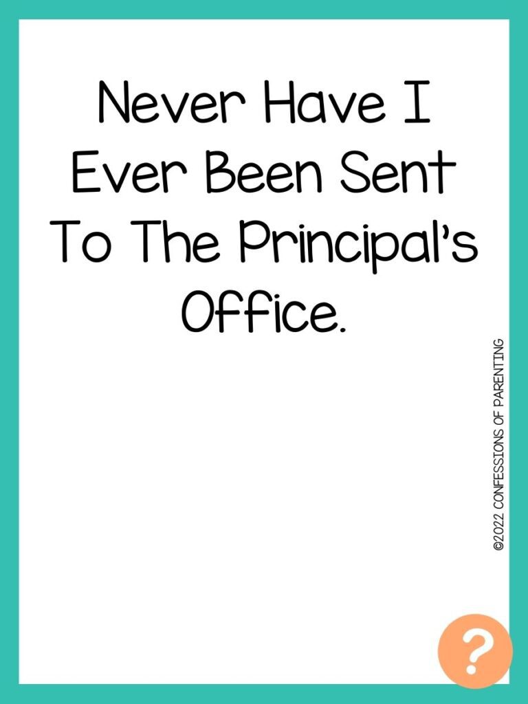 1000 Never have I ever questions on white background, turquoise border, and light orange question marks.