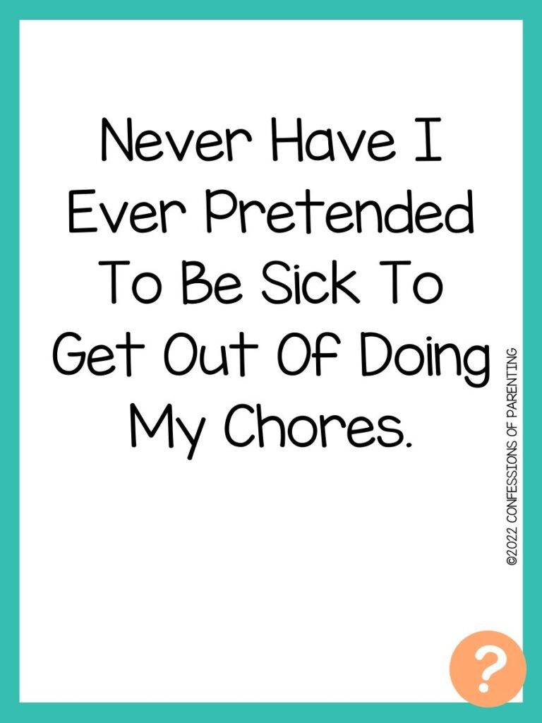 1000 Never have I ever questions on white background, turquoise border, and light orange question marks.