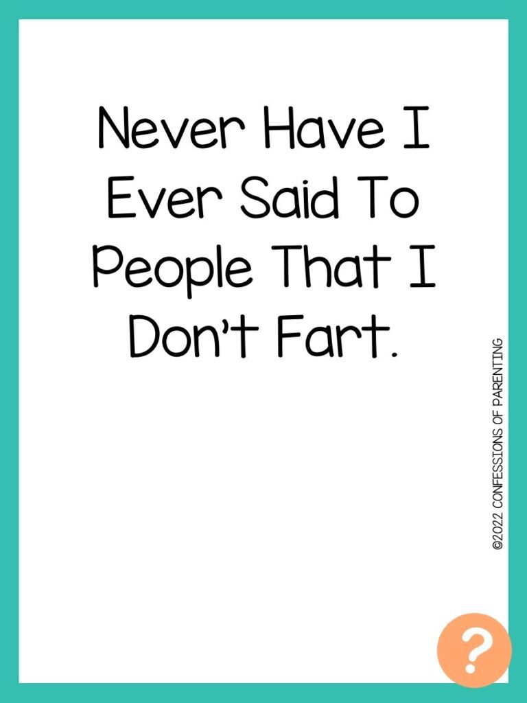 1000 Never have I ever questions on white background, turquoise border, and light orange question marks.