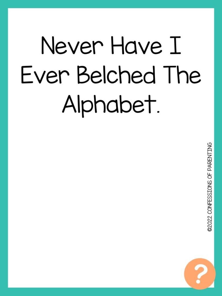 1000 Never have I ever questions on white background, turquoise border, and light orange question marks.