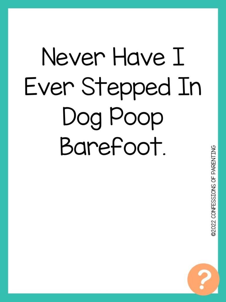 1000 Never have I ever questions on white background, turquoise border, and light orange question marks.