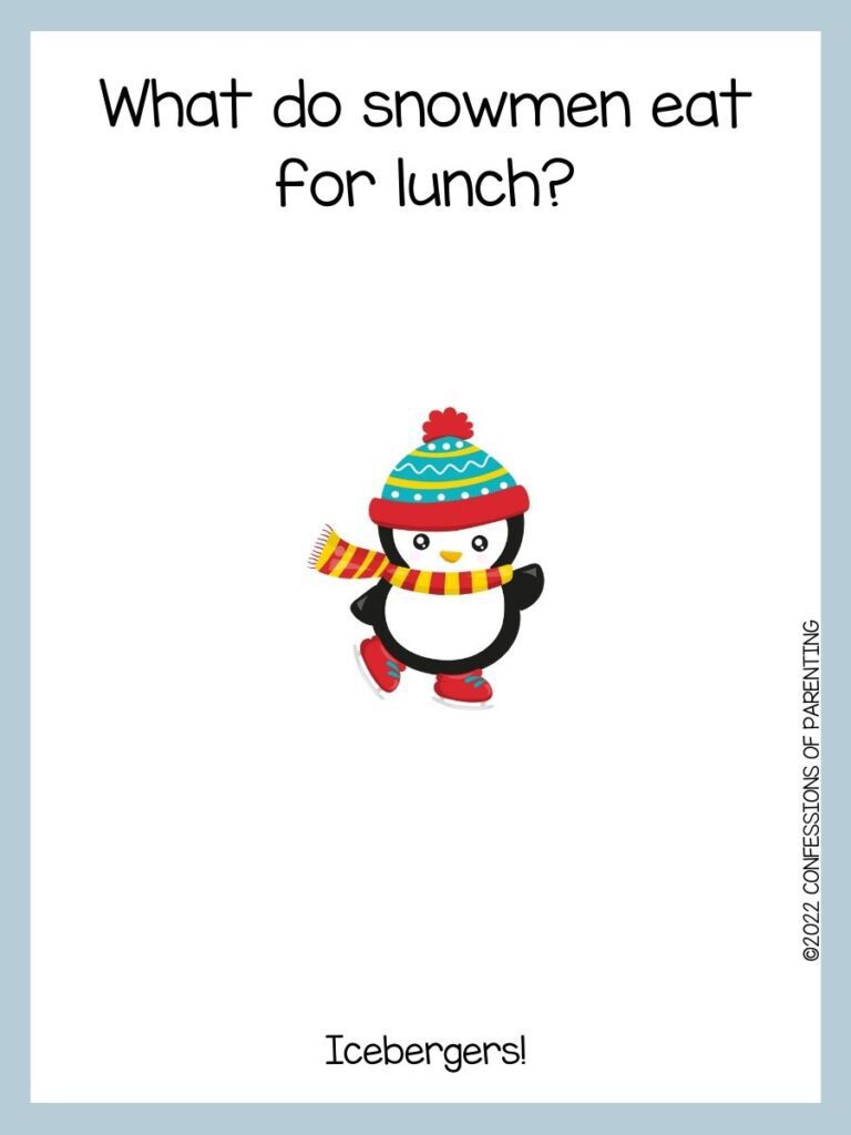 White background with blue border; black lettering with Christmas joke. A black and white penguin with red and blue hat, red and yellow scarf and red skates