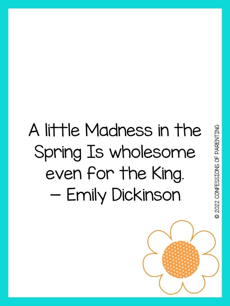 White background with turquoise border, black lettering spelling out spring sayings. Orange flower at bottom