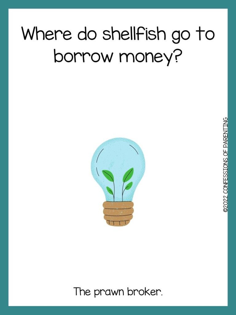 white background with blue border, picture of a light bulb with two green plants inside; earth day joke for kids