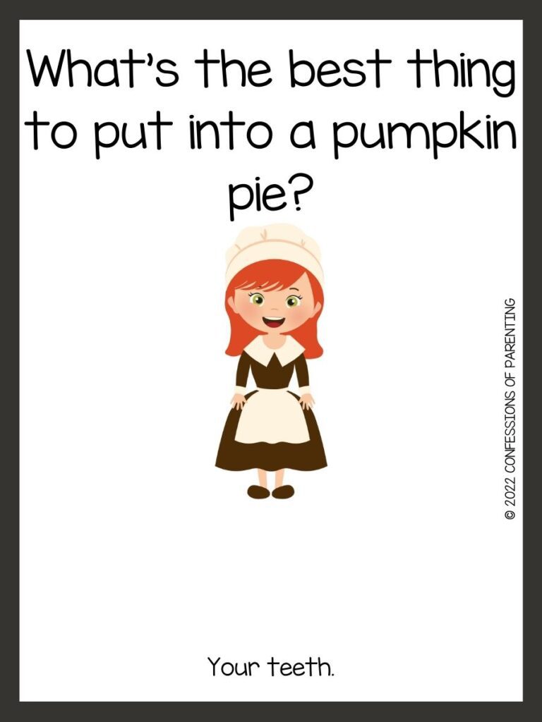 White background with brown border; black writing with Thanksgiving riddles. Girl pilgrim with red hair, white hat and brown and white dress