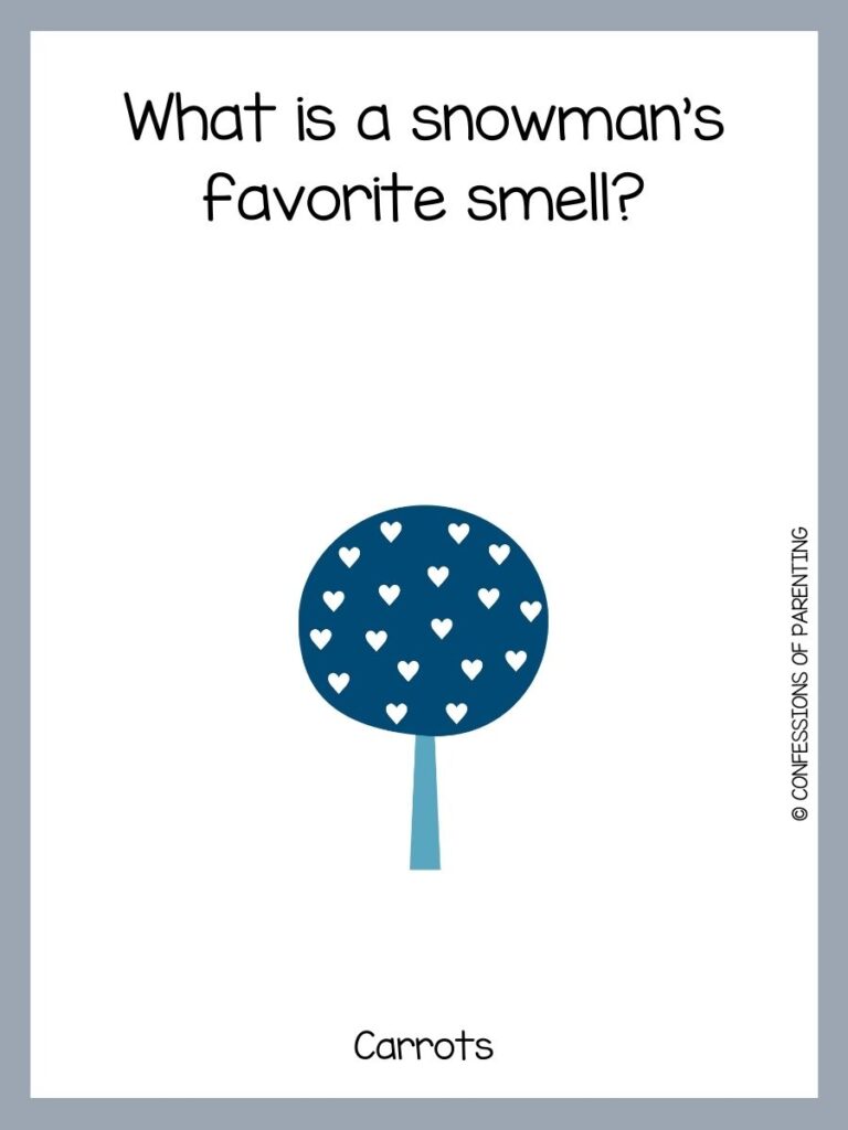 White background with grey border and a blue tree with white hearts. Black writing that says winter riddle