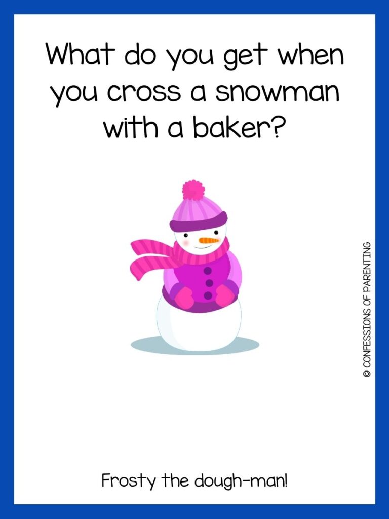 White background with blue border. Snowman with pink hat, scarf and sweater. Black letters saying snowman jokes