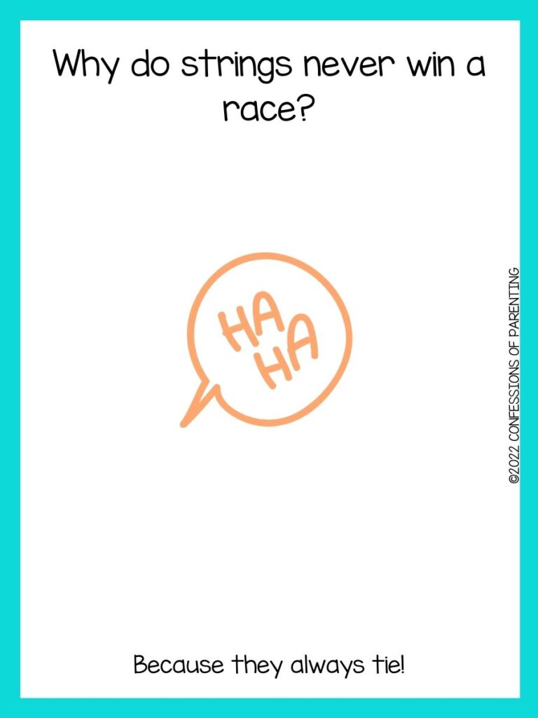 white background with turquoise border and orange speaking bubble that says "ha, ha."