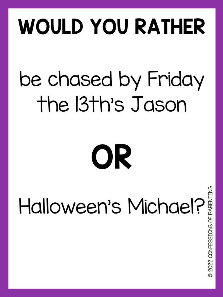 White background with purple border, Black letters asking halloween would you rather question