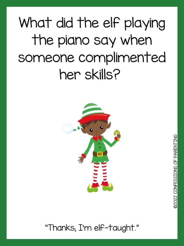White background with green border, black words telling elf jokes. Elf with red and green hat and coat