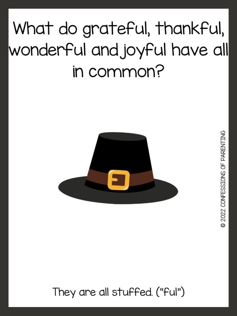 White background with brown border; black writing with Thanksgiving riddles. Black pilgims hat