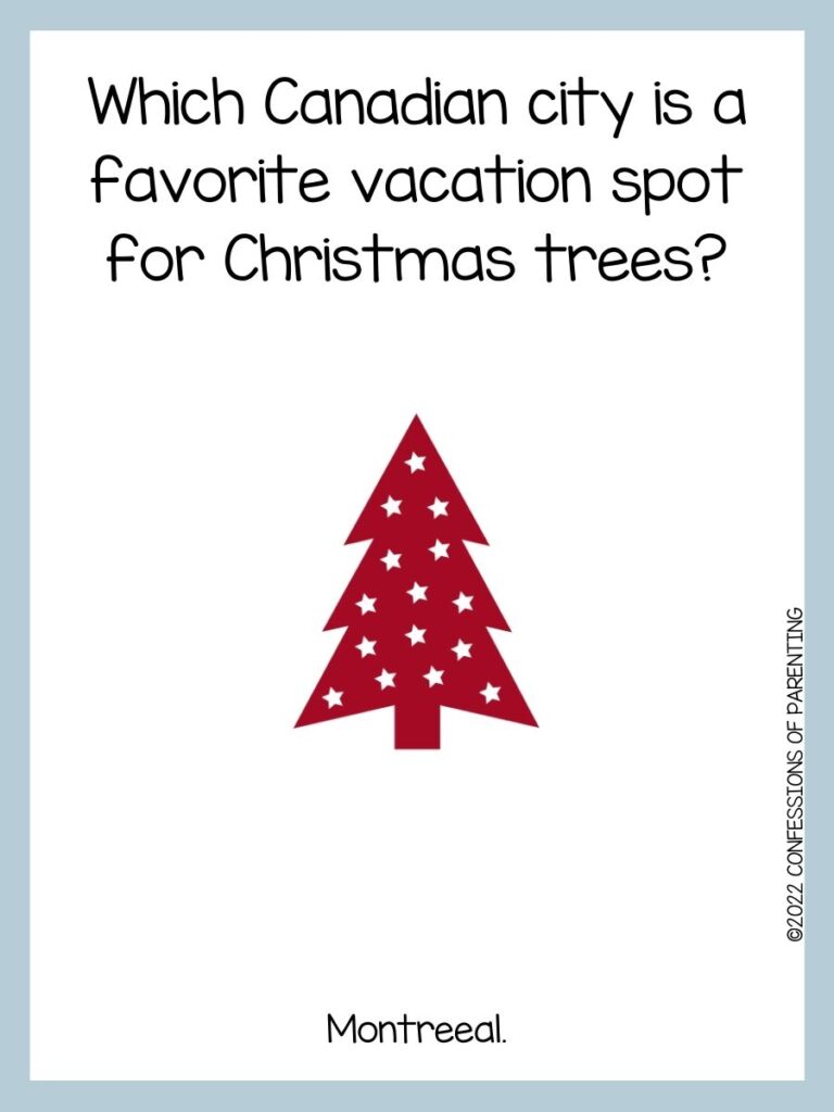 White background with blue border; red christmas tree with white star pattern; Christmas tree joke