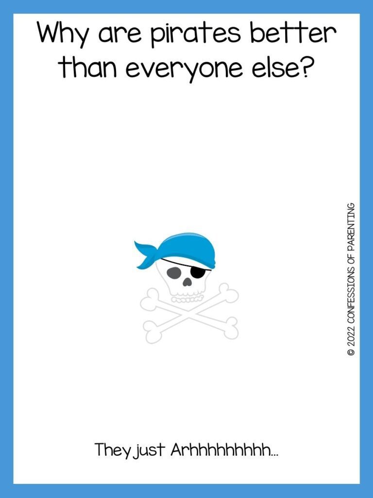 White background with blue border, black writing with pirate sayings for kids. skull and crossbones with blue hat