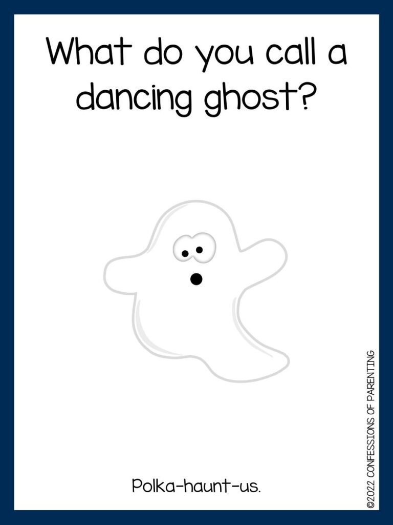 white background with blue border, white ghost with ghost jokes for kids