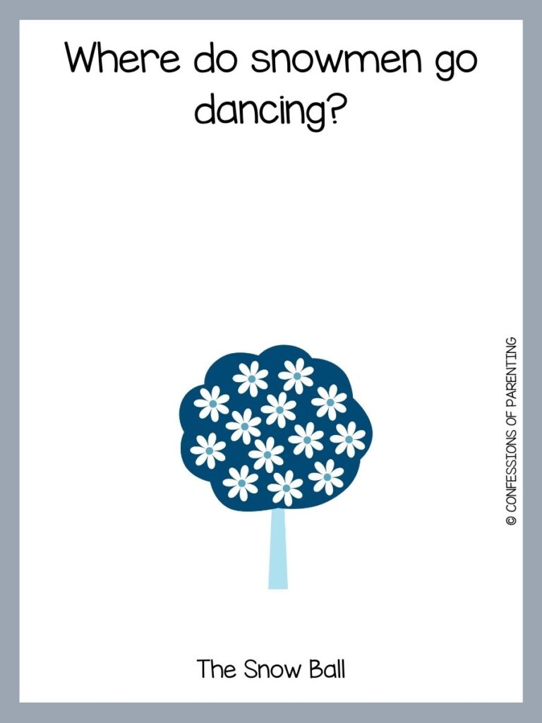 White background with grey border and a blue tree with white flowers. Black writing that says winter riddle