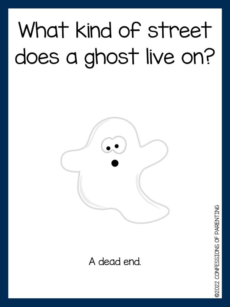 white background with blue border, white ghost with ghost jokes for kids