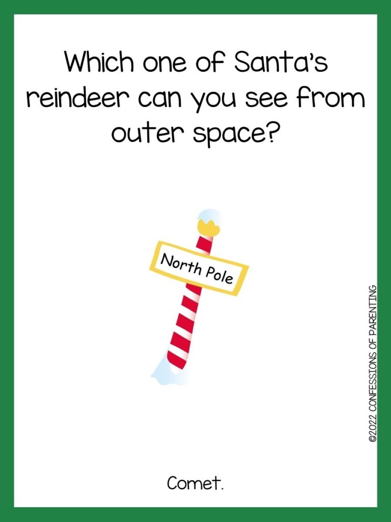White background with green border, black lettering telling Christmas riddle. Red and white striped pole with sign saying North Pole