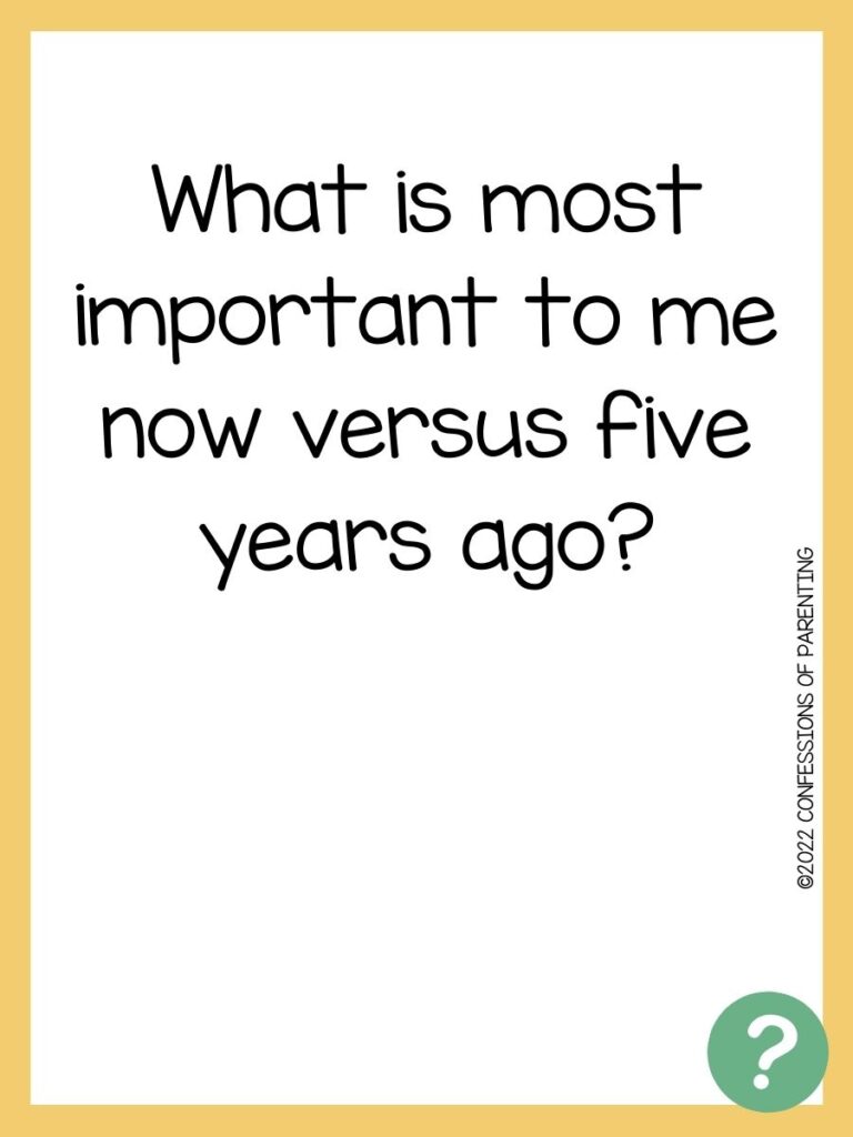 Questions to ask yourself on white background, yellow border, and green question marks. 
