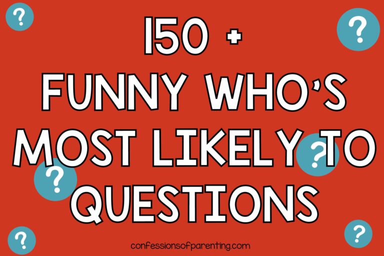 150 who's most likely to questions with red background and blue question marks.