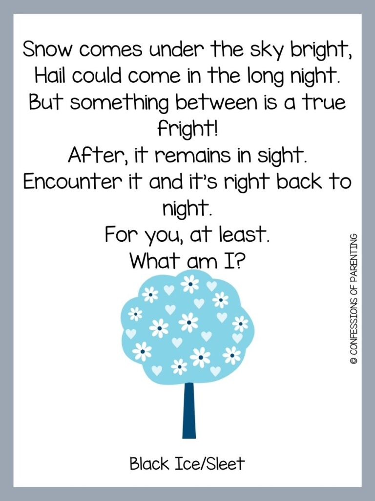White background with grey border and a blue tree with white hearts and flowers. Black writing that says winter riddle