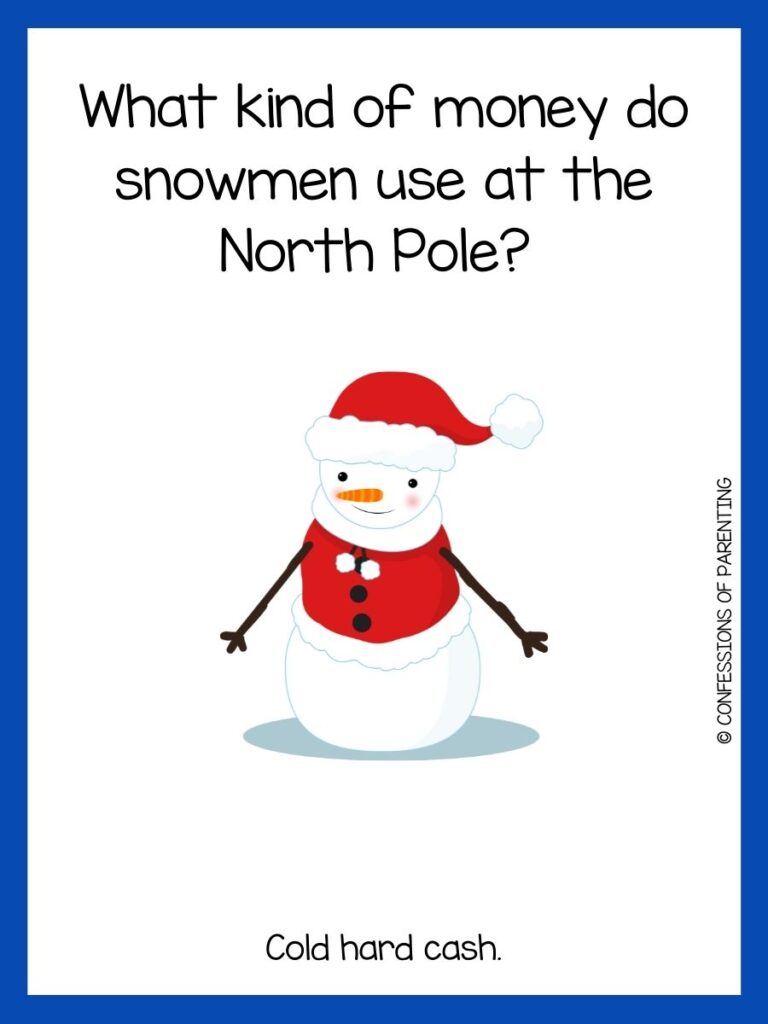 White background with blue border. black writing telling snow joke. snowman with red hat and sweater