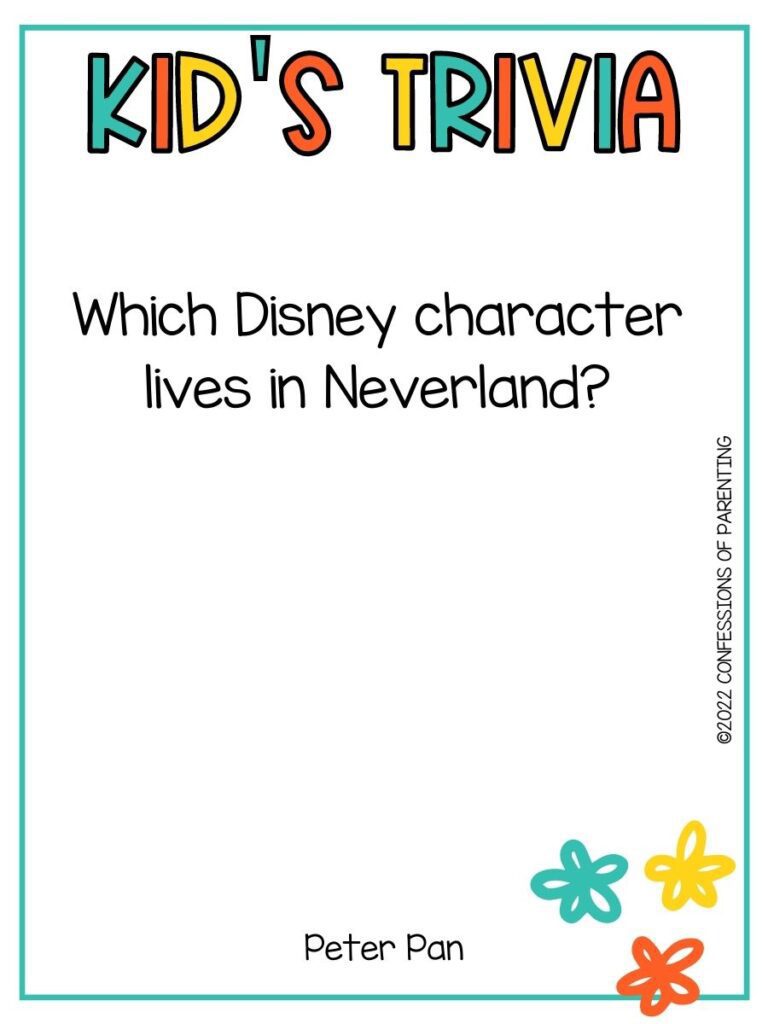 White background with turquoise border; colorful letters that say kid's trivia. Three flower, turquoise, yellow, and orange